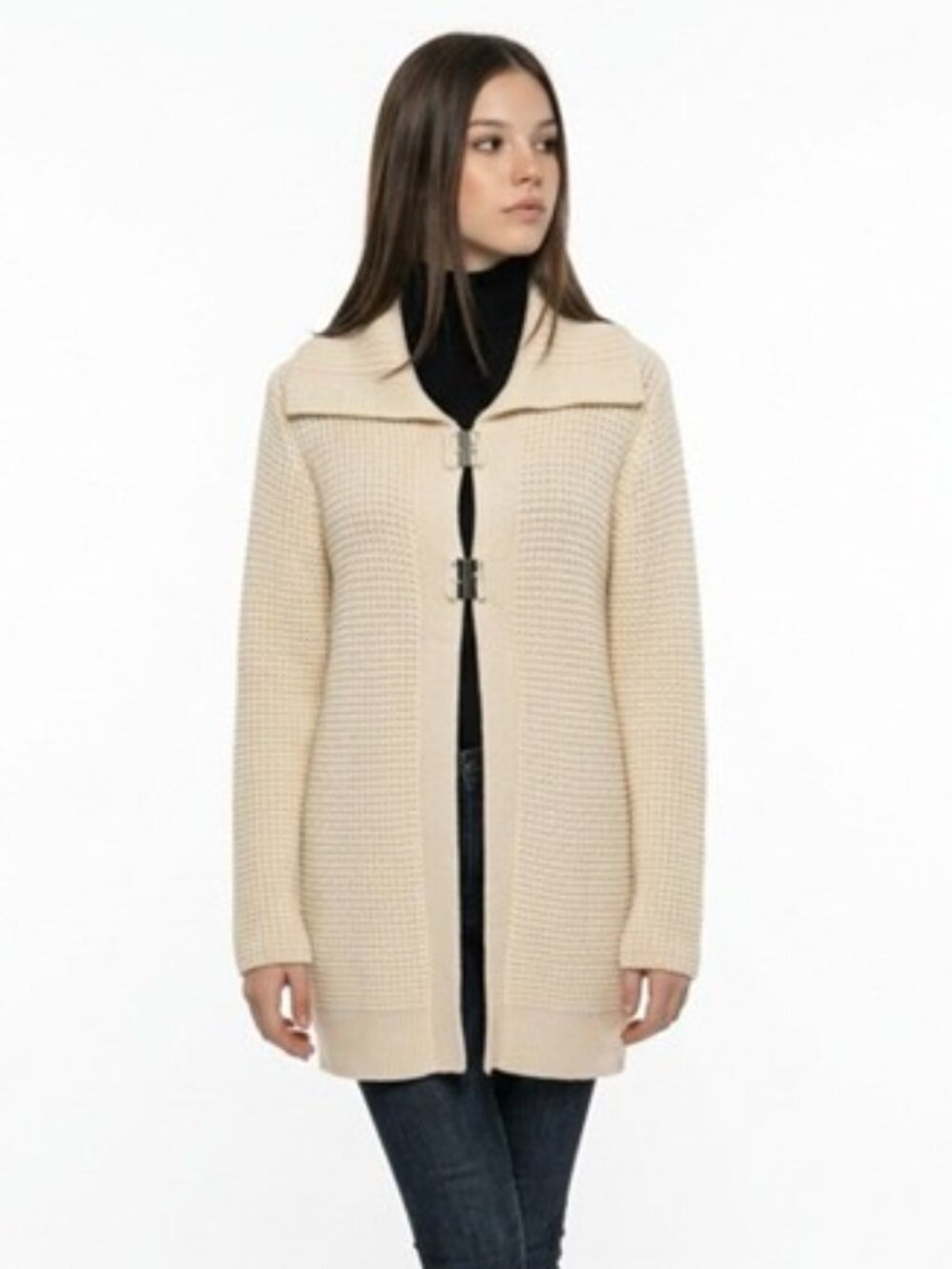 CHICO'S Chunky Open Knit Metallic Buckle Duster Cardigan 1